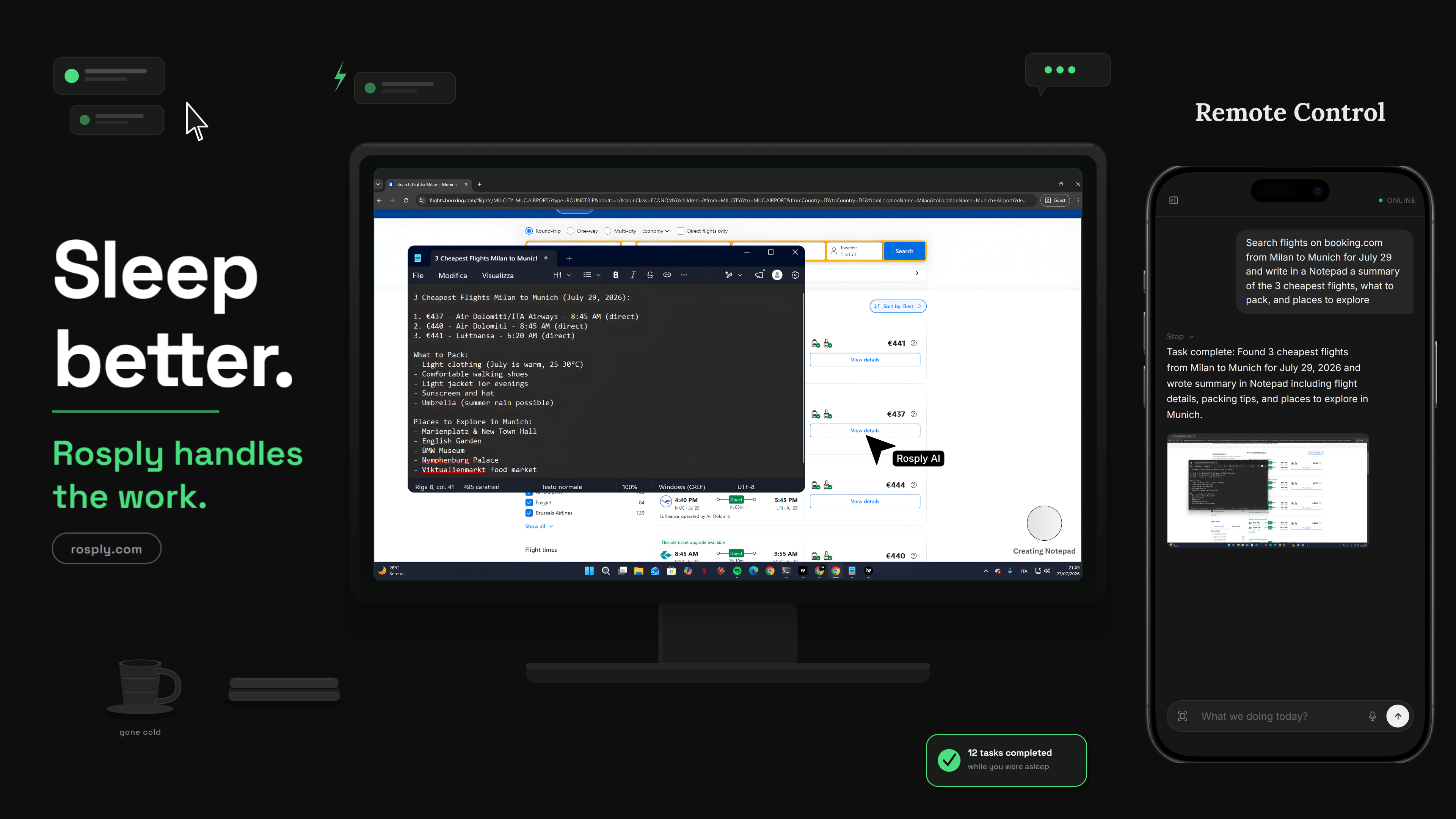 Rosply AI agent automating PC tasks with remote control from phone